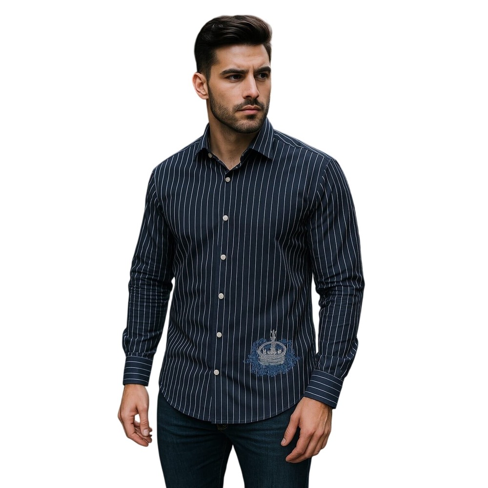 Level Ten Y2K Elegant Navy Pinstripe Dress Shirt with Royal Crown Emblem Mens XL